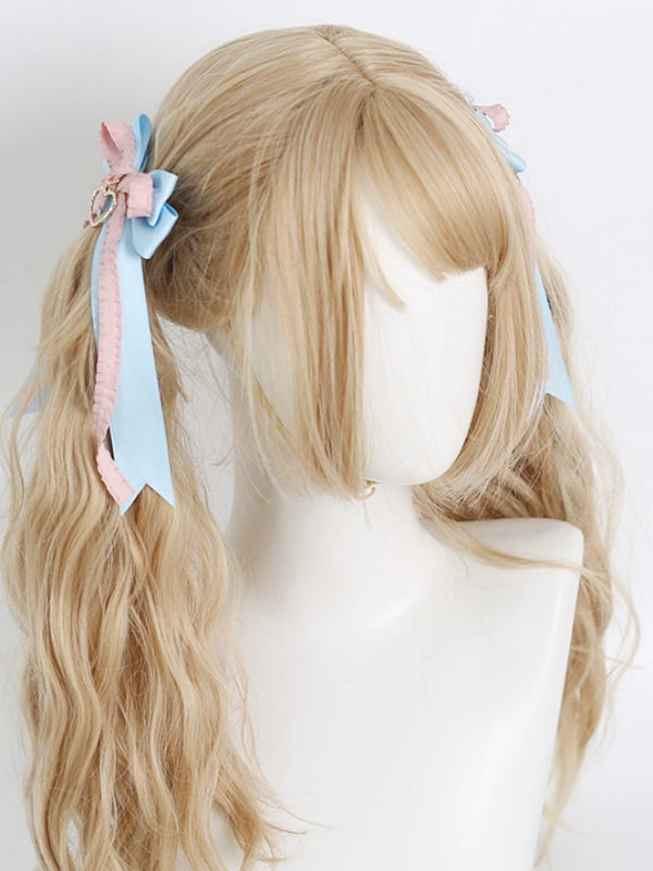 A Pair of Cute Lolita Pink & Blue Bowknot Ribbon Hairclips with Heart Charm