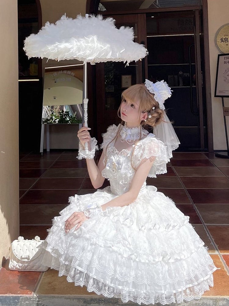 Angel White Butterfly Fabric Bodice Hanayome Tiered Skirt Lolita Hime Dress