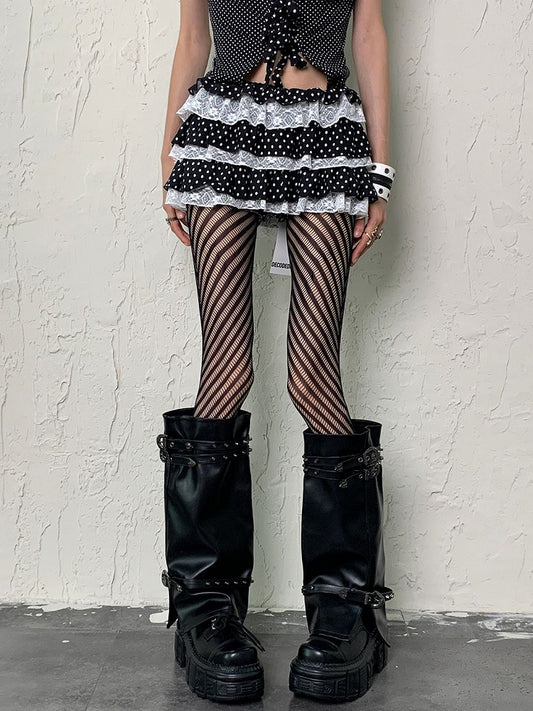 Black Y2K Gyaru Fashion Striped Pattern Fishnet Tights