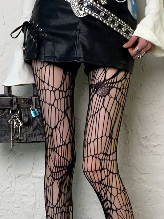 Black Spider Asymmetrical Design Hollow-out Tights
