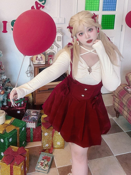 Plus Size Christmas Red Overalls Bubble Skirt Bowknot Details
