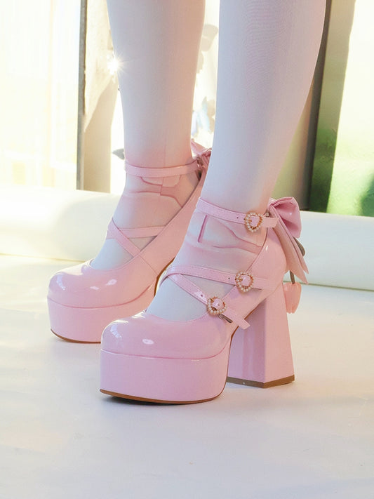 PU Pink Sweet Lolita Platform High Block Heel Mary Janes - Detachable Tulip Bow, Beaded Heart Buckle & Crisscross Straps