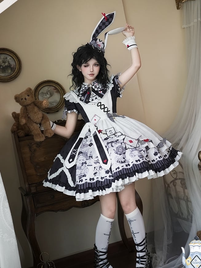 Alice in Wonderland Vibes Black and White Bunny and Teapot Print Apron Dress Sweet Lolita OP / Full Set