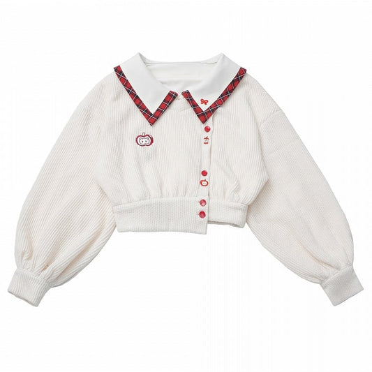 Regular/Thicken White Knit Crop Sweatshirt with Red Plaid Collar and Apple Embroidery