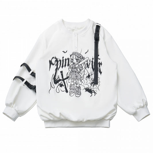 Techwear-Style Black/White Anime Girl Graffiti Sweatshirt with Letter Print and Detachable Snap Straps