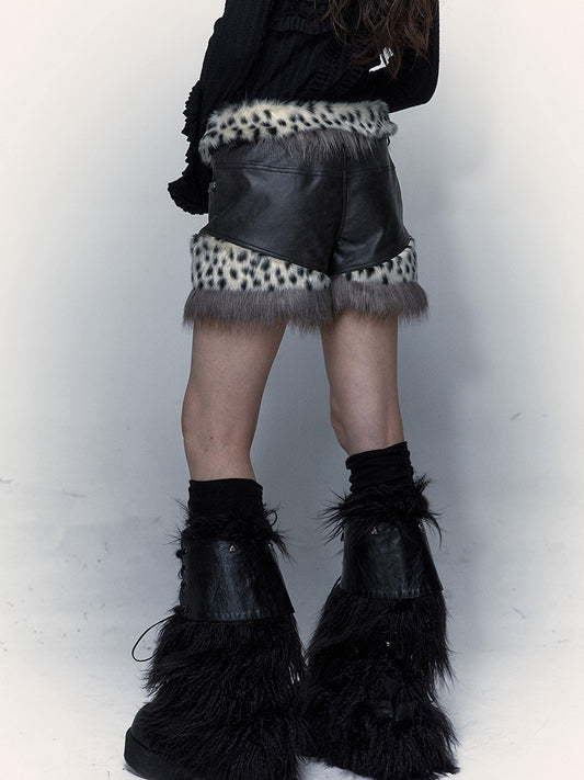 Lace-up Detail Leopard Pattern Design Black Punk PU Shorts