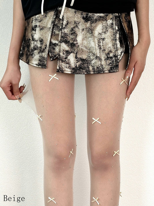 Beige/White/Nude Bowknot Details Rhinestone Decorated Tights