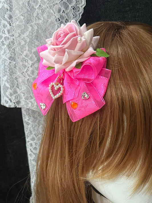 Rose Red Heart Details Floral Design Bowknot Hairclip