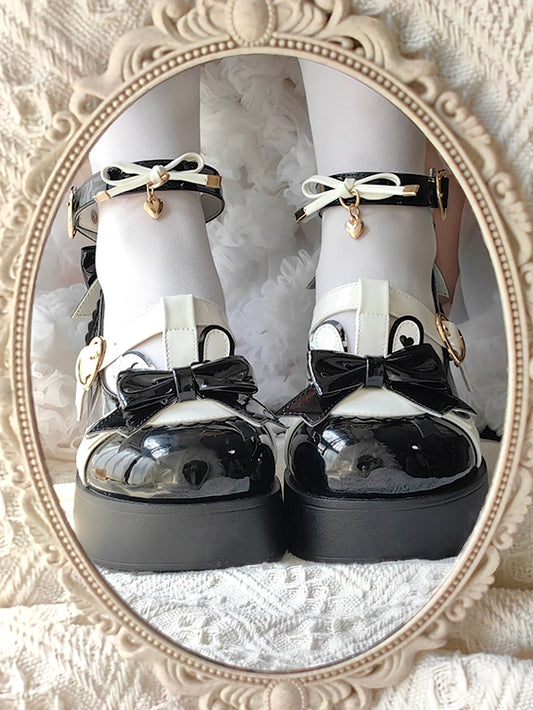 Polished Black Sweet Lolita Heart Details Bunny Ear Bow at Top T-strap Platforms