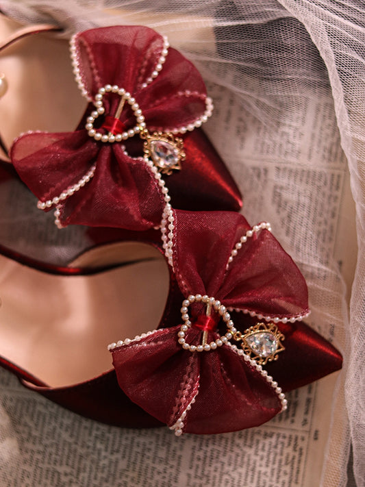Wine Red Beaded Bowknot Accents Pointed Toe Hime Lolita Middle Heels