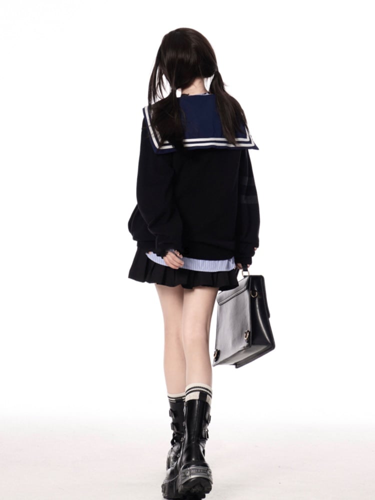 JK Uniform Preppy Style Black/Gray V-neck Knit Cardigan for Autumn