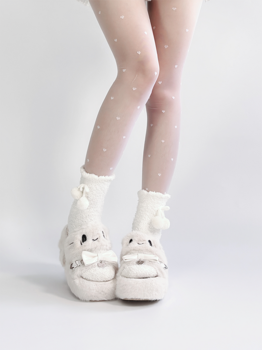White Jirai Kei Platform Slippers: Plush Kitten Embroidery with Bow & Heart Charm
