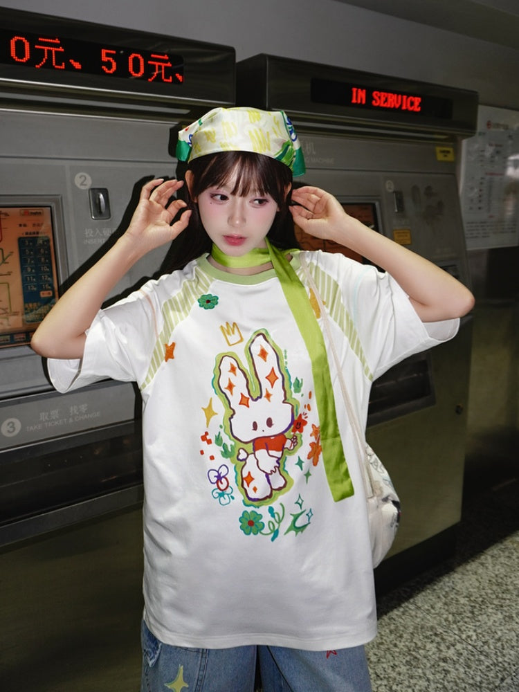 Cartoon Bunny Print White Round Neck Loose T-shirt