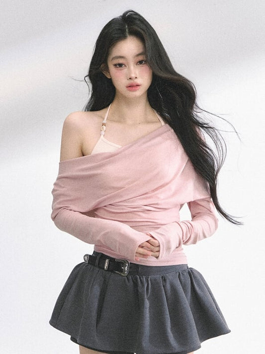 Pink Asymmetrical Neckline Faux Two-pieces Top