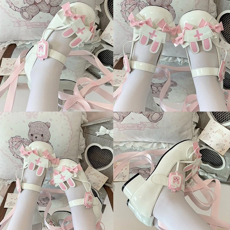 Medical Rabbit Themed White Mary Janes in PU - Low-heel Design, Nurse Cap with Rabbit Ears & Magic Tape
