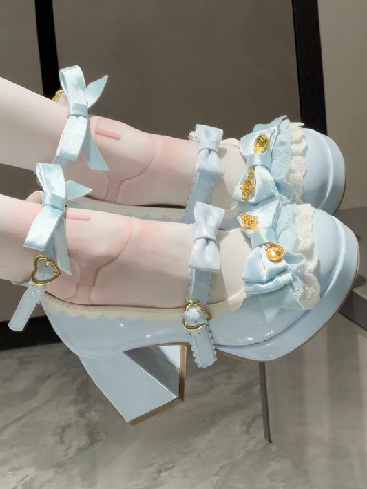 Blue Sweet Lolita 8cm High Block Heel Mary Janes with Multi-Lace Trim, Bow Details & Heart-Shaped Closure