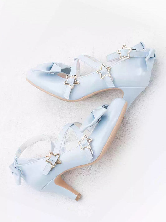 Blue Bow at Top Star Buckle Straps High Heels