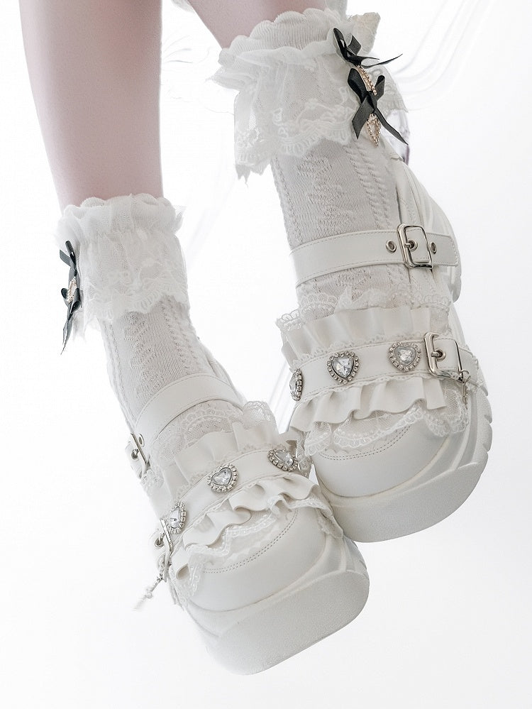 White Bittersweet Rhinestone Heart Details Cross Charm Ruffles Trim Platforms