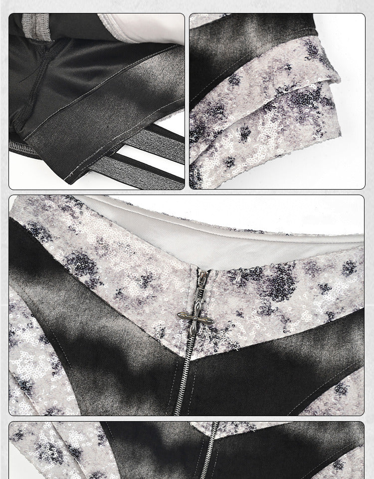 Y3K Fashion Futuristic Black and Silver Low-Waist Side Elastic Bands Cyberpunk Asymmetrical Skort