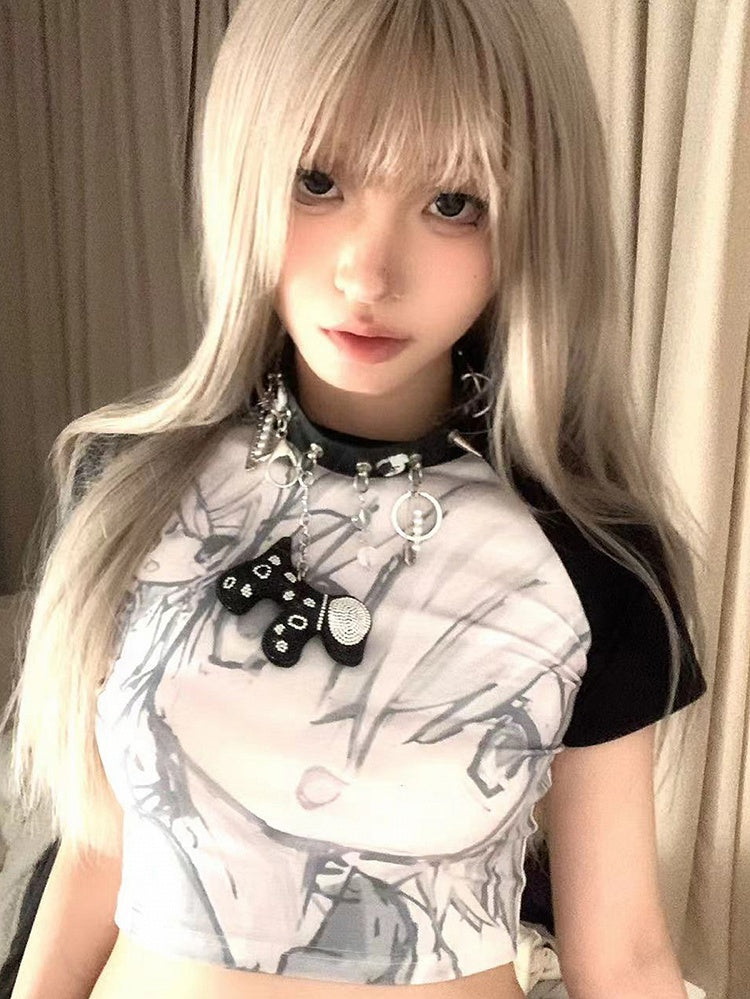 Black Colorblock Design Graphic Cropped Top