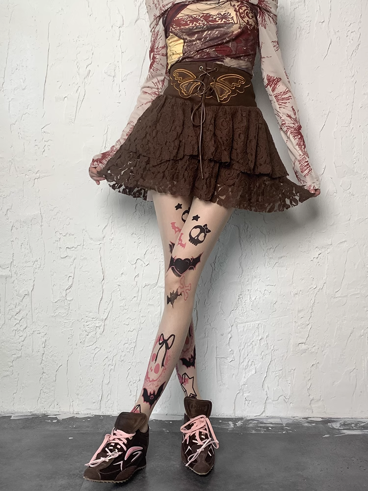 Y2K Skull and Heart Print Nude Sweet Grunge Tights