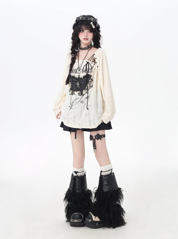 Vintage Butterfly Applique Lace-up Neckline Apricot Distressed Holes Top