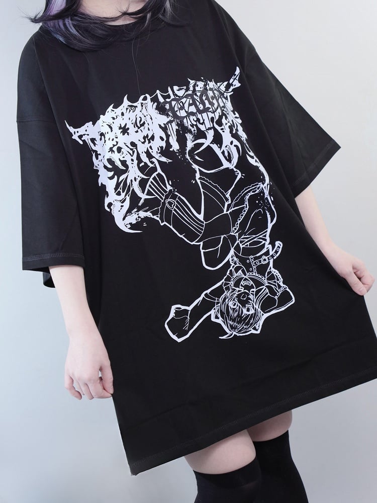 Black Jirai Kei Cartoon Girl Print Round Neck T-shirt