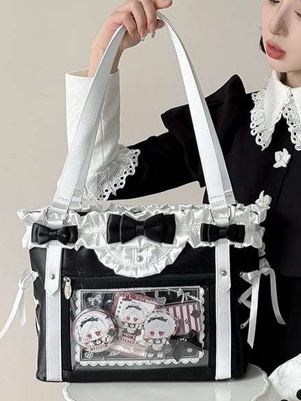 Black&White Bowknot Details Ruffles Trim Lace-up Design Ita Bag