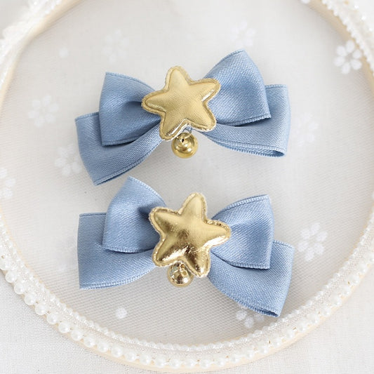 Dusty Pink / Dusty Blue A Pair of Sweet Star Bowknot Hair Clips with Bell Charms