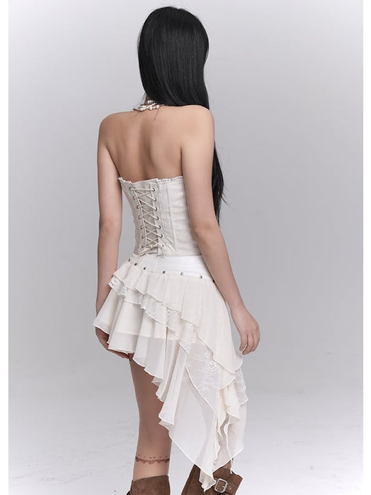 Beige Cross Lace Applique Lace-up Strapless Top / Asymmetrical Hem Tiered Skirt