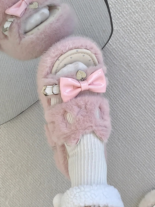 Rebellious Kitten Embroidery Slippers - Jirai Kei Pink Plush Platform with Bow & Heart Charm