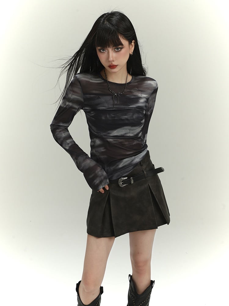 Black Round Neck Tie Dye Slim-fitting Top