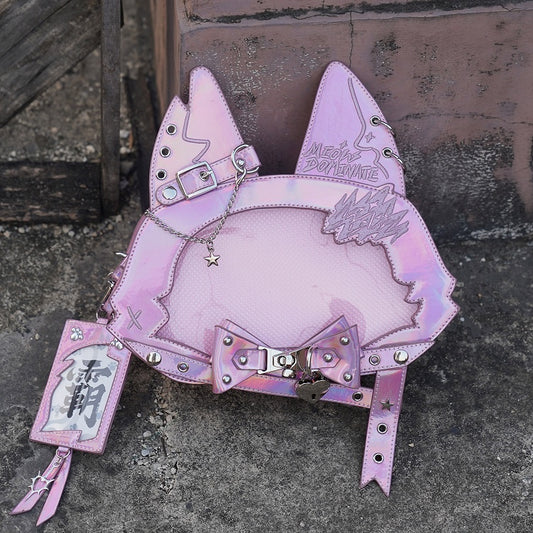 Kitty Ear Design Bowknot Studs Detail Pink PU Tote Ita Bag with Free Card Holder
