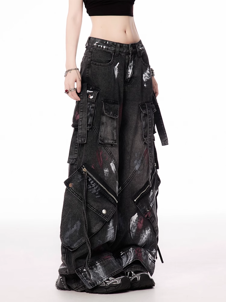 Spray Paint Print Zipper Details Black Low Waist Wide-leg Cargo Jeans