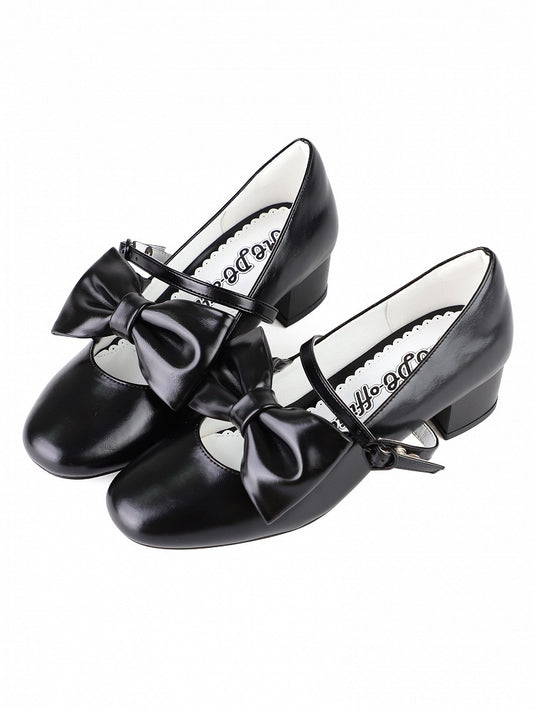 Sophisticated Lolita Black Mid Heels in PU Leather with Bow Details & Ornate Heart Fastener