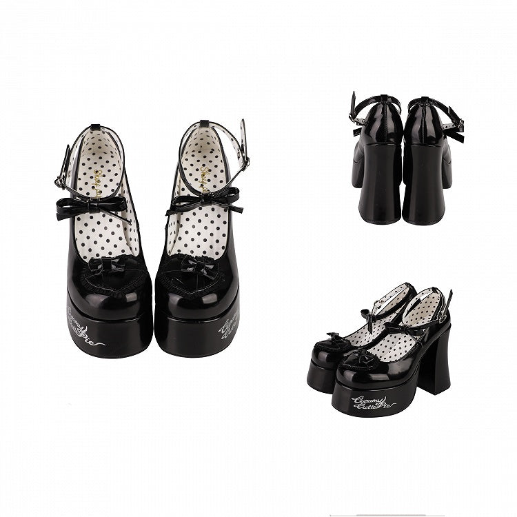 Bow Accents Heart Design Black Platform Block High Heels