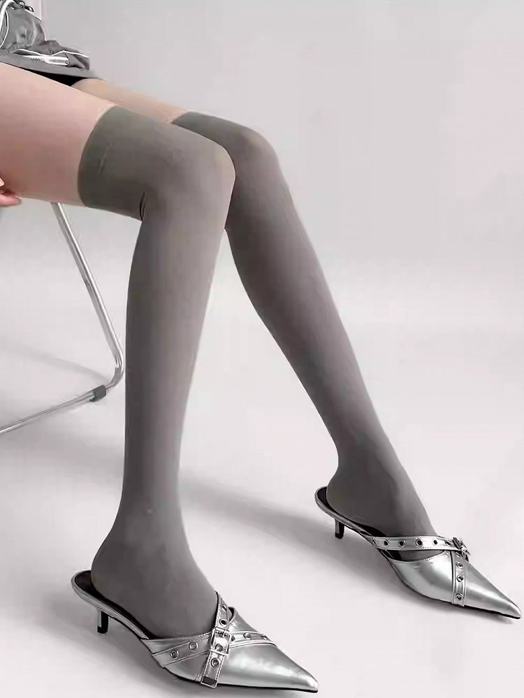 Black/White/Beige/Gray Ribbed Trim Over-knee Sockings