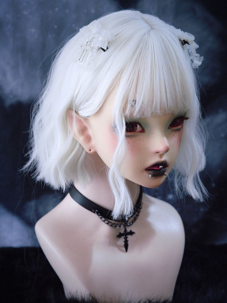 Gothic Cross Detail White Ruffled Bow Hairclips