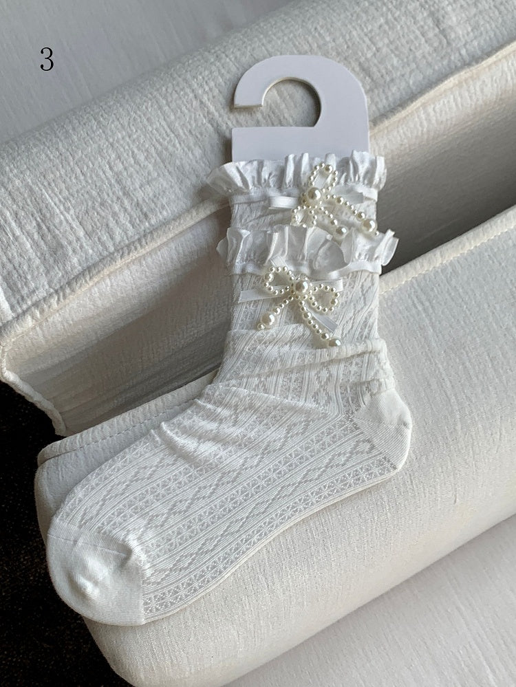 White Beaded Bowknot Decorated Lace Trim Socks