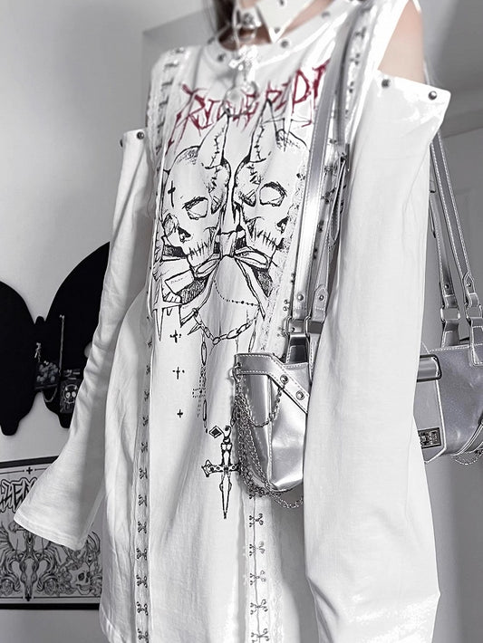 White Emo Punk Cutout Shoulder Skeleton And Letter Print Long Sleeves Top