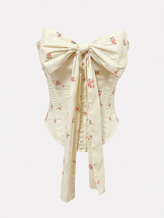 Romantic Cottagecore Floral Print Bustier Self-tie Big Bow Boned Corset Top
