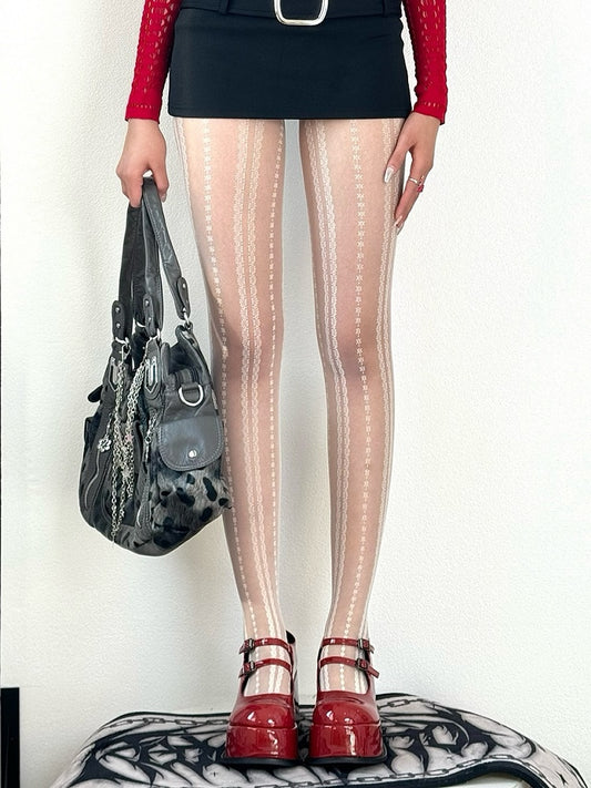 Black/White Y2K Floral Striped Tights