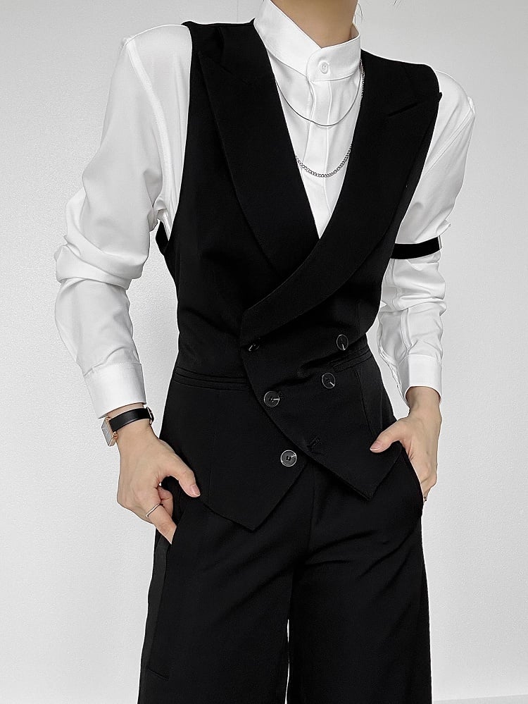 Ouji Lolita White Unisex Long Sleeve Shirt with Mandarin Collar & Button-Down Front