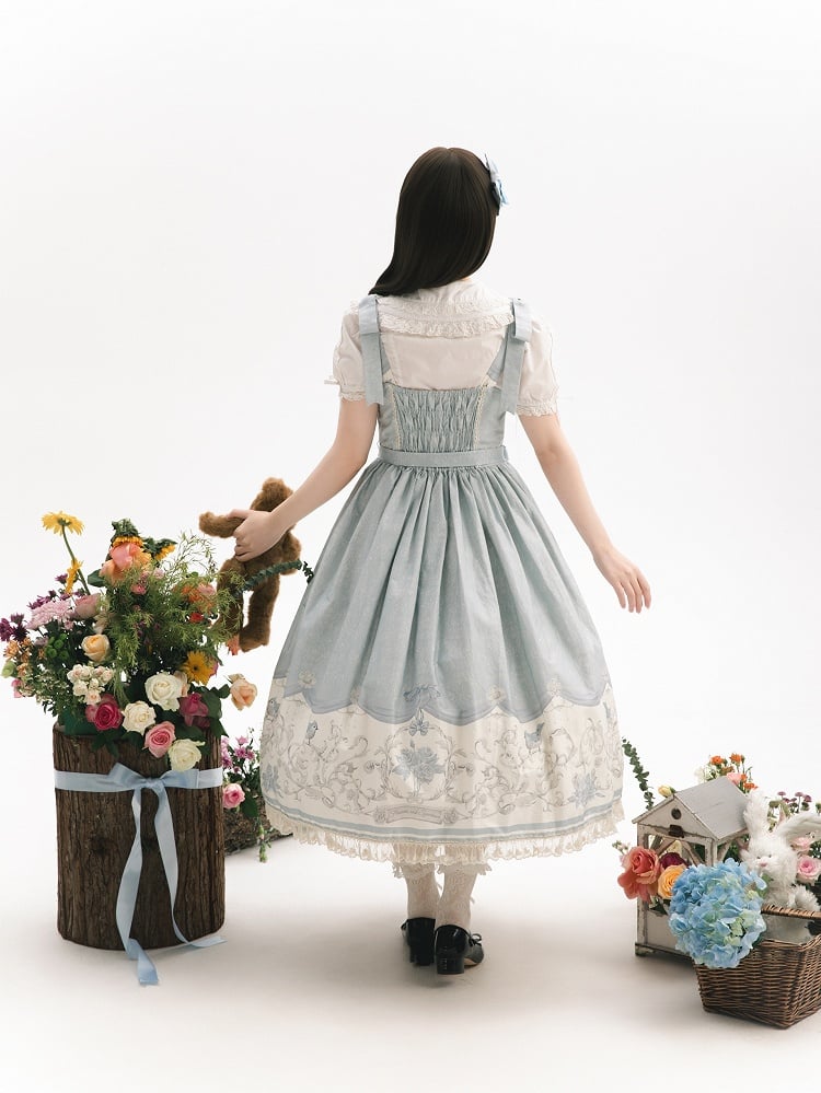 Blue Titmouse and Floral Print Lolita Jumper Skirt