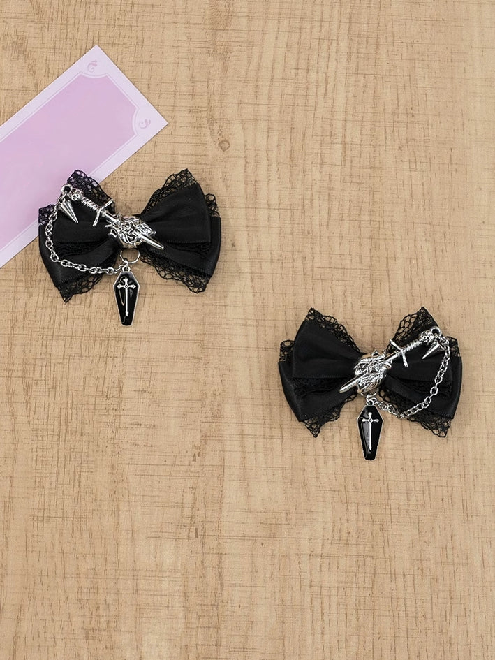 5 Colors Coffin Charm Gothic Cross Jirai Kei Bowknot Hairclips with Chain