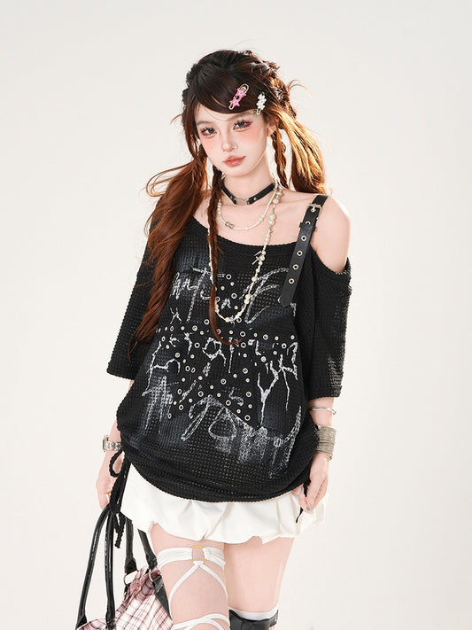 Asymmetrical Neckline Star-shaped Straps Black/White Waffle T-shirt