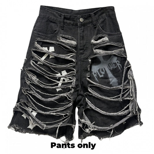 Dark Gray Cross Appliques Distressed Holes Y2K Glamorous Denim Shorts