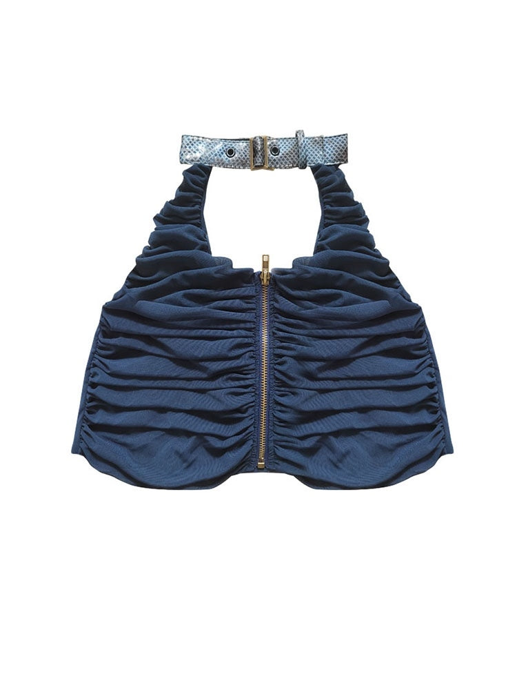 Navy Blue Zip Closure Halter Neck Punk Top