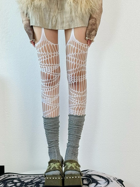 Black/White/Brown/Gray/Red Y2K Cut-out Design Suspender Stockings