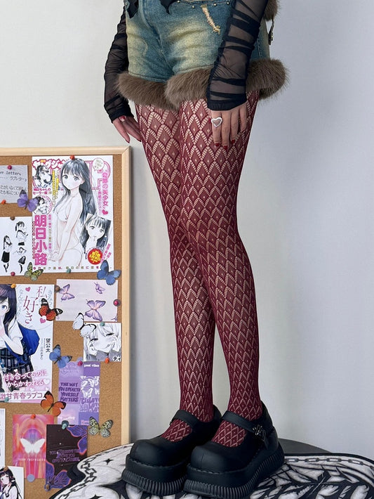 Wine Red Y2K Diamond Pattern Cut-out Design Tights